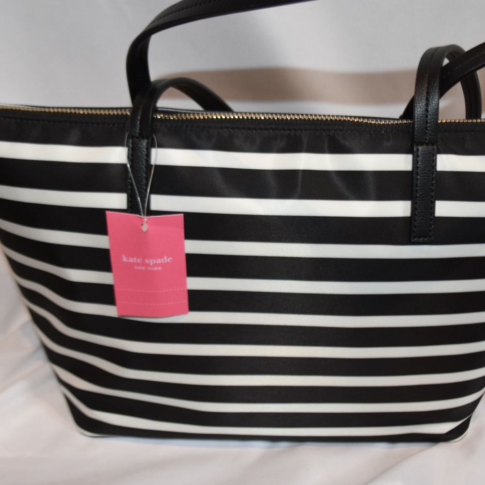 NWT AUTH Kate Spade Nylon Black &White Stripe Tote - Picture 3 of 6